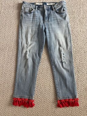 Anthropologie Pilcro and Letterman slim cropped boyfriend Jeans with Red Tassels